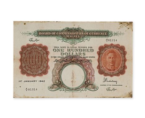MALAYA, GEORGE VI 100 DOLLARS 1942 1st Jan 1942, Serial No. A/3 01314, Portrait right and denomination left, with central wat