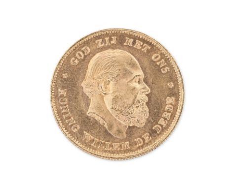 NETHERLANS WILLEM III GOLD 10 GULDEN 1875
Utrecht mint, bust facing right, reverse with date above crowned shield with caduce