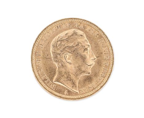 GERMANY-PRUSSIA WILHELM II GOLD 20 MARK 1901 A
Berlin mint, bust facing right with A on truncation, reverse with crowned eagl