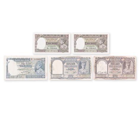 BRITISH INDIA GEORGE VI 5 RUPEES; 10 RUPEES 1937, 1943 (5) 1937 5 Rupees, consecutive numbers F/74 548965 and F/74 548966, si