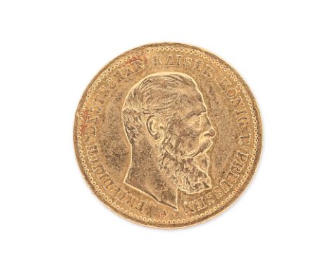 GERMANY-PRUSSIA FREDERICK III GOLD 10 MARK 1888 A
Berlin mint, right-facing bust with A on truncation, reverse with crowned e