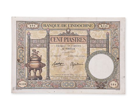 FRENCH INDOCHINA 100 PIASTRES ND 1936-1939 Seral No. R.119 594, Four pillars with denomination centra and at edges, watermark