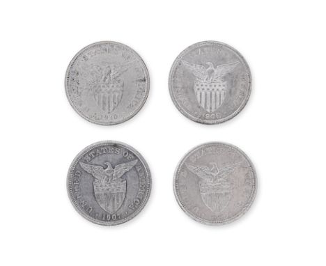 PHILIPPINES ASSORTED 1 PESO SMALL TYPE (4)
Comprising: 1907 S; 1908 S; 1909 S; 1910 S, eagle with spread wings above shield, 