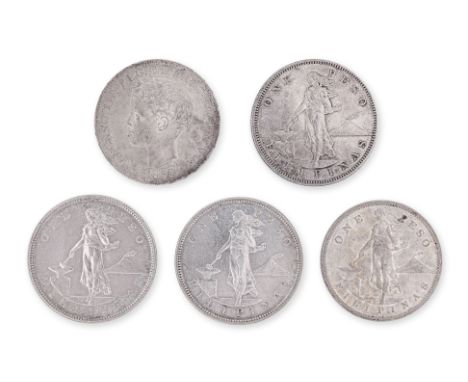 PHILIPPINES ASSORTED 1 PESO (5)
Comprising: 
1897, Alfonso XIII facing left, reverse with coat of arms of Spain; 
1903; 1904;