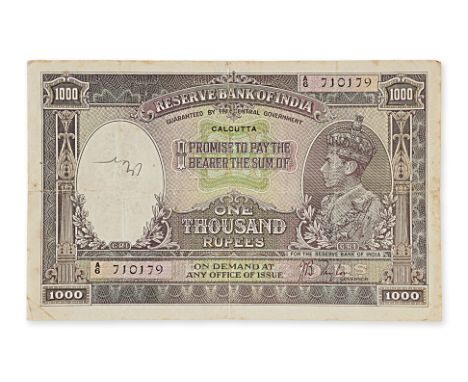 RESERVE BANK OF INDIA GEORGE VI 1000 RUPEES 1937 ND (1937), Calcutta, serial number A/6 710179, signature of J. B. Taylor, po