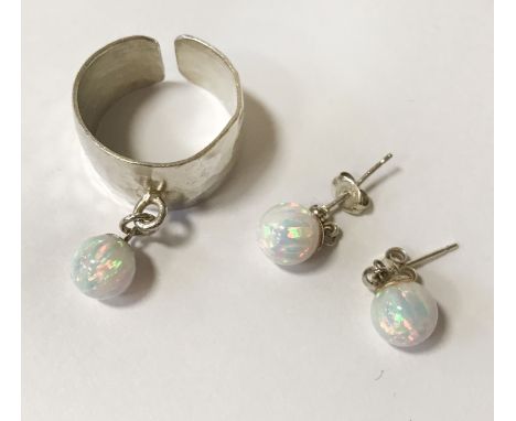 STERLING SILVER OPAL STUDS &amp; ADJUSTABLE RING