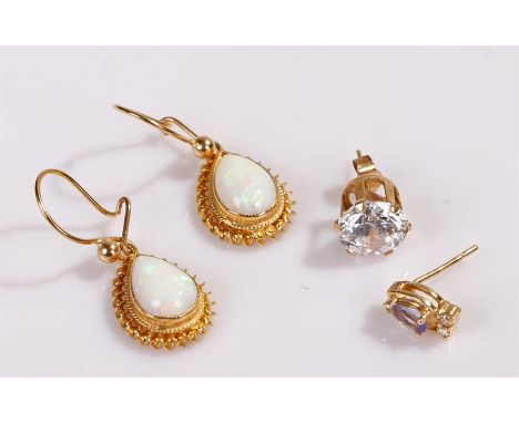 Pair of 9 carat gold opal set earrings, with pair cut opals, together with two single earrings, (4)