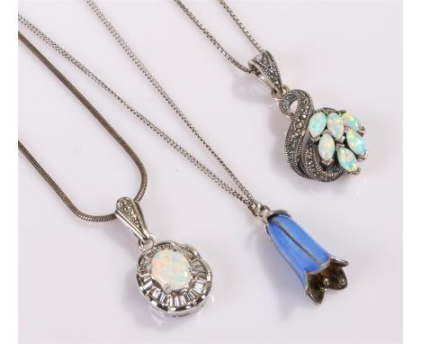 Pendant necklaces, to include two opal set examples and an enamel pendant, (3)