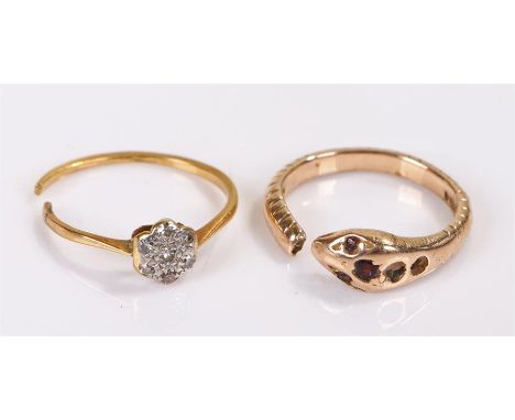 Two gold rings, the first a 9 carat gold snake ring AF, 3.6 grams, and a diamond set 18 carat gold ring AF, 1.5 grams, (2)