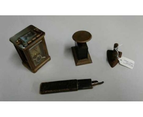 Mixed items, to include a carriage clock, a cut throat razor, a letter balance scale and a miniature iron, (4)