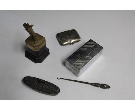 Silver cigarette case, together with a silver lidded glass pot, a silver handled button hook, a golfing trophy and a boxed ra
