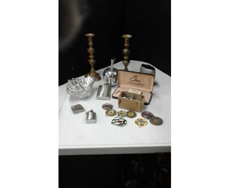 Mixed lot to include a pair of brass candlesticks, a metal dish in the form of a shell, Colibri razor, Jack Daniels Hip flask