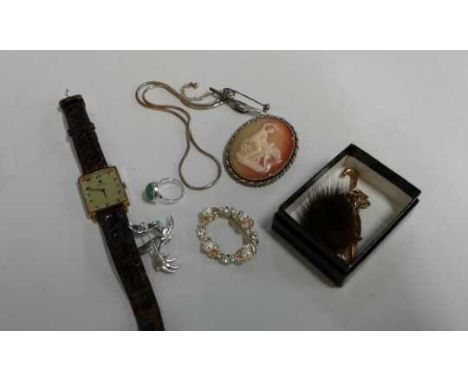 Mixed jewellery, to include a cameo brooch, various brooches, a chain, silver ring, and a Roamer wristwatch, (qty)
