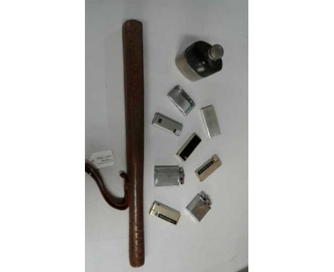 Collection of cigarette lighters, together with a pewter and glass hip flask and a truncheon, (qty)