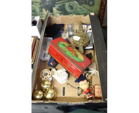 Mixed lot to include a bread fork. drawing tools,Noddy eggcup, bellows hatpins etc. (qty)