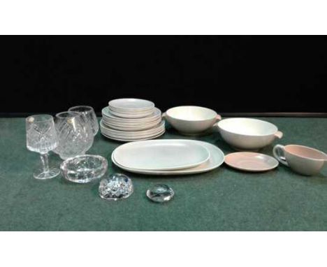 Poole Pottery part service, with pink interiors and mottled grey exterior, together with crystal glass and other glass, (qty)