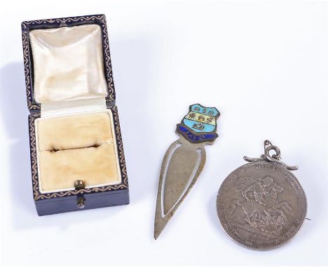 George III silver brooch mounted crown, together with a ring box clad in leather and a book mark, (3)