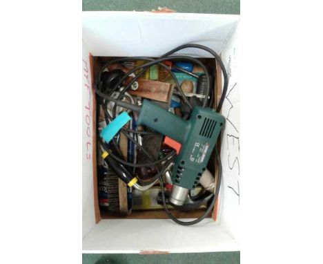 Box of tools, including a Black and Decker KX1600 heat gun, hammer, screwdrivers, chisels, drill bits, etc, (Qty)