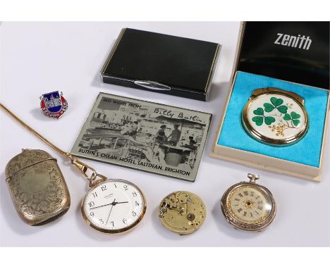 Mixed lot, to include pocket watches, a Zenith lighter, vesta case, case, Butlins badge and mirror, etc, (qty)