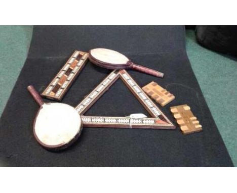 Cribbage boards, two in total together with two whist markers and to drum bats, (6)
