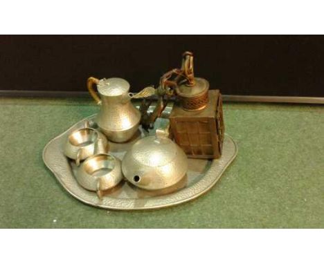 FMS Malayan pewter tea set comprising of tea pot hot water jug, milk jug and sugar bowl set on a tray also to include a hangi