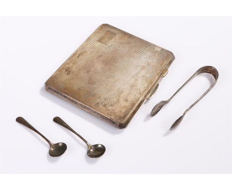 Silver cigarette case, with engine turned decoration, together with two silevr salt spoons and a silver tong, 4.5oz