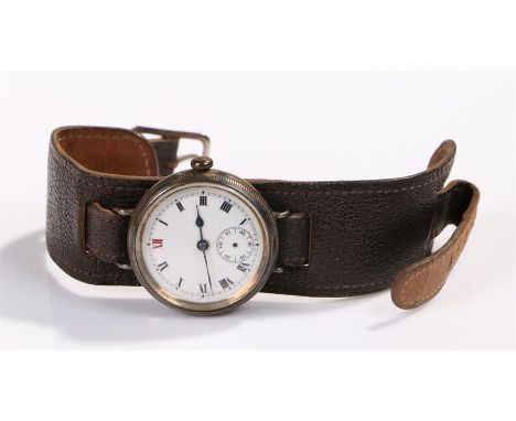 Silver wristwatch, with a white enamel dial and Amex movement, the case 36mm diameter 