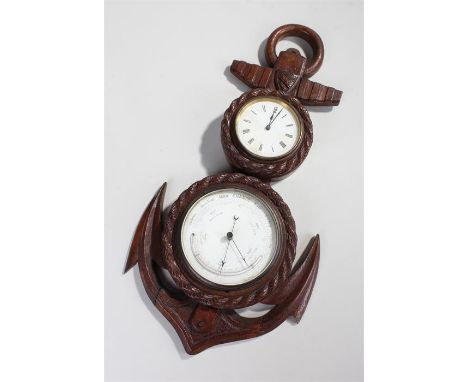 Maritime interest, a clock/barometer with a carved frame as an anchor, the white dials with Roman hours, weather gauge to the