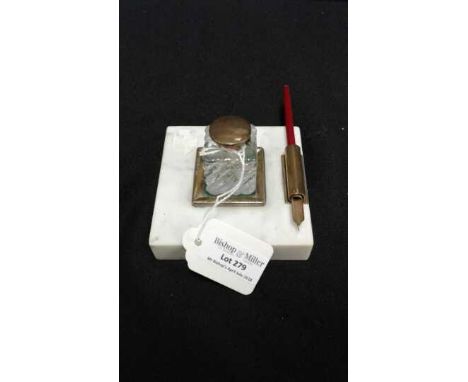 Marble base with glass inkwell and a dip pen set. 
