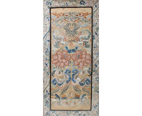 Chinese silk embroidery, decorated with four beasts among flowers, a flower and scroll border to the edge, 25cm x 53cm exclud
