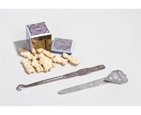 Advertising objects, to include an enamel box housing miniature biscuits for Huntley & Palmers, together with a Famous Trilog