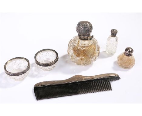 Silver, to include silver rimmed glass bottles, a pot and comb, AF