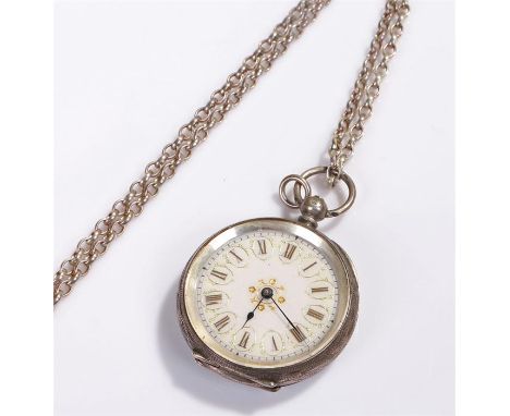 Silver pocket watch, with a white enamel dial and chain
