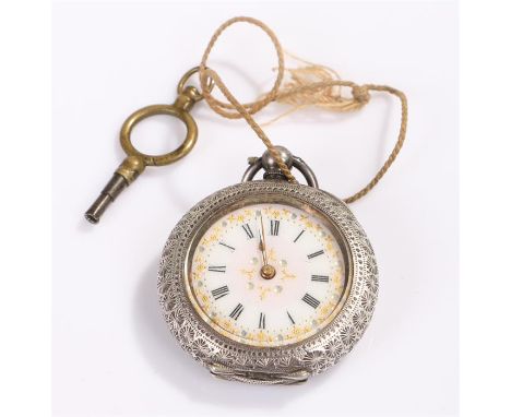 Silver open face pocket watch, with a white enamel dial and Roman hours