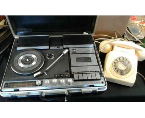 Portable Sanyo Stereo record player, together with a vintage house telephone, (2)