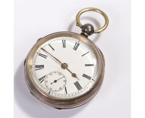 Silver open face pocket watch, the white enamel dial with black Roman hours and subsidiary seconds dial 