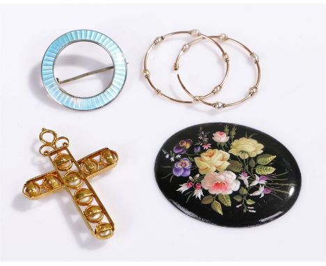 Jewellery, to include a pair of gold and pearl earrings, a cross, an enamel foliate plaque and a silver and enamel circular b