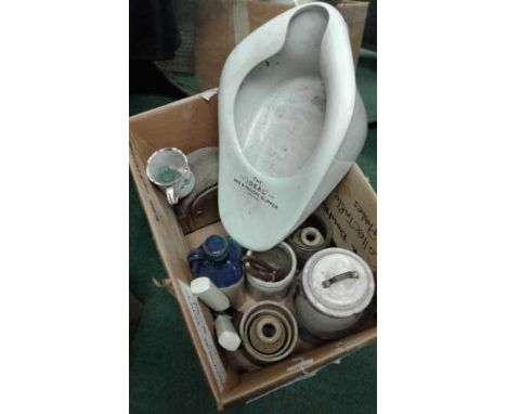 Mixed objects including, ceramic bed slipper, pots,jars, tin cup, mantle clock, etc, (Qty)