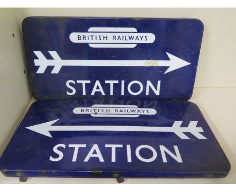 A pair of British Railways Station Arrow signs with arrows left and right, 53cm x 27cm, both generally good condition, arrow 