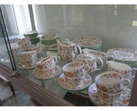 A Minton Haddon Hall part tea and dinner service, 76 pieces to include tea pot, bowls, dinner plates 27cm diameter, with 8 cu