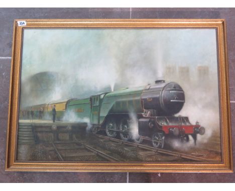 A framed oil on canvas by A Thompson, The Green Arrow L.N.E.R Leaving York Station, inscribed on the reverse, frame size 57cm