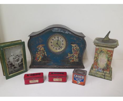 A William Crawford and Sons sundial biscuit tin, 24cm tall, a Rowntree double sided pictorial tin and a chineserie clock tin,