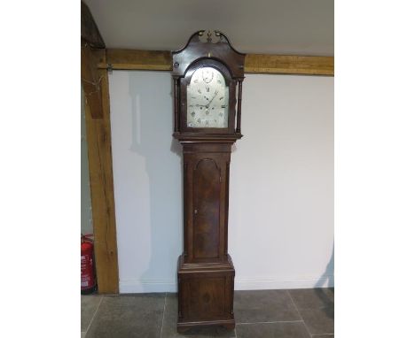 A Good qaulity mahogany 8 day striking longcase clock, the silvered 12" arched dial signed Hagger Allis Tewksbury, with calen