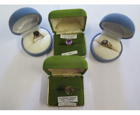 Four 9ct hallmarked yellow gold rings, sizes Q and O, all generally good slight bending to amethyst ring, total weight approx