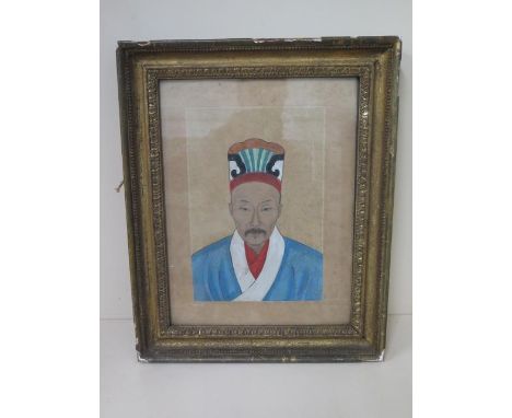 An Oriental Ancestral watercolour portrait in a gilt frame, frame size 48cm x 39cm, watercolour, generally good some losses a