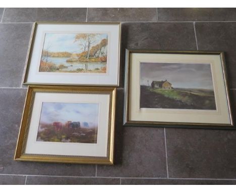 A signed Ashley Jackson print of Tan Hill, 62cm x 77cm, a highland cattle print and a watercolour of Loch Katrine by John Bat