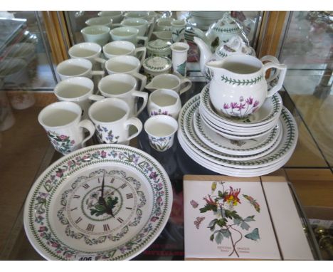 A collection of Portmeirion Botanic Garden table ware, a wall clock and a cheese slice, all good condition, 27 pieces 
