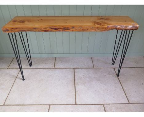 A new naturalistic wooden live edge wooden hall table on metal supports, 77cm tall x 137cm wide x 35cm deep