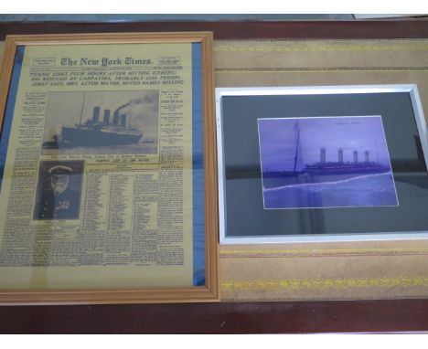 A framed copy of the front page of The New York Times April 16th 1916, Titanic Sinking, 56cm x 45cm, and a framed Titanic pri