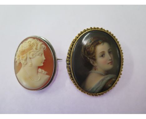 A finely painted portrait on porcelain brooch in a gilt metal mount, possibly Berlin, 5cm x 4cm, repairs to mount and a small